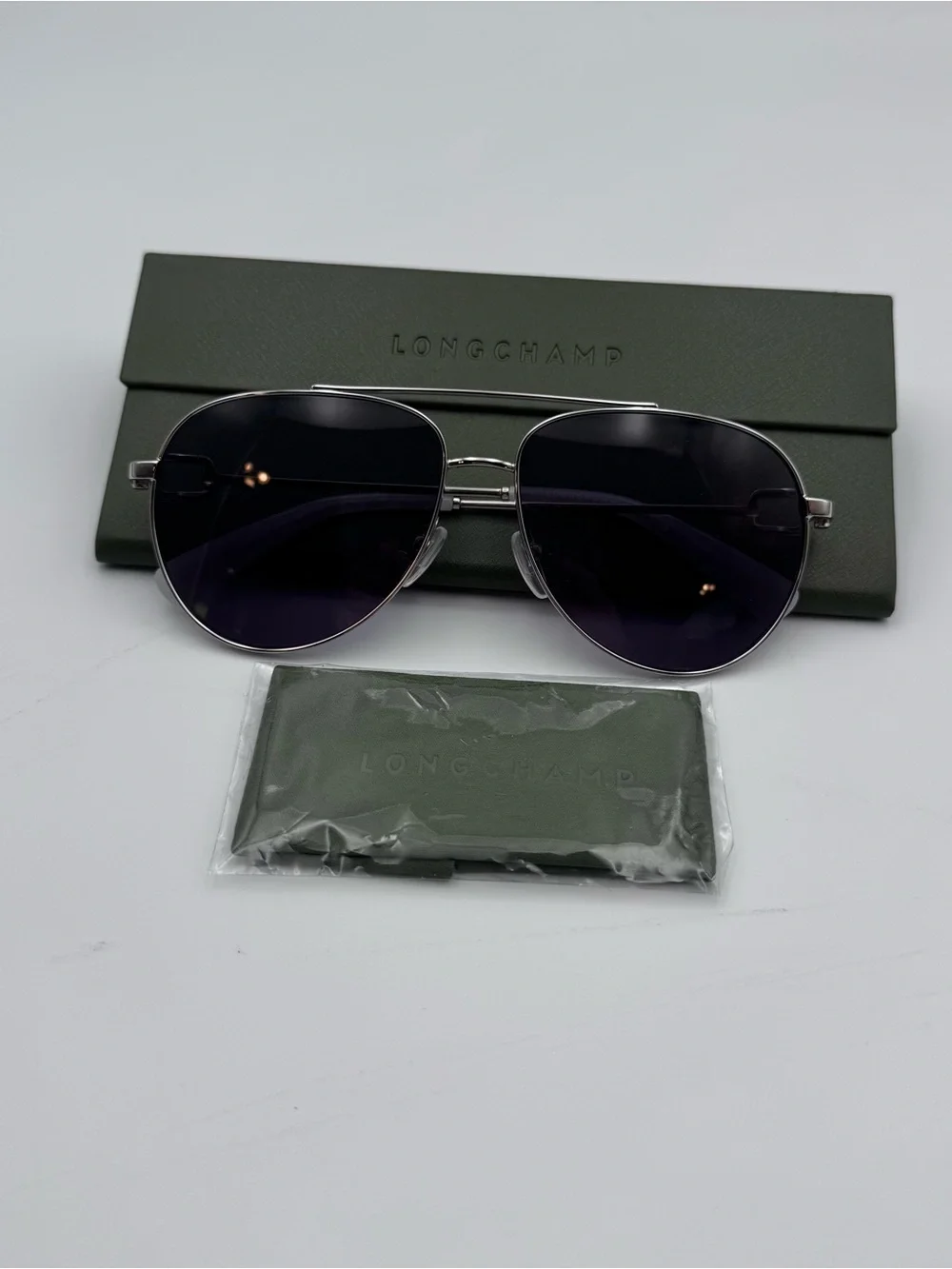 Longchamp‎ Silver Aviator Sunglasses with Dark Lenses NWOT